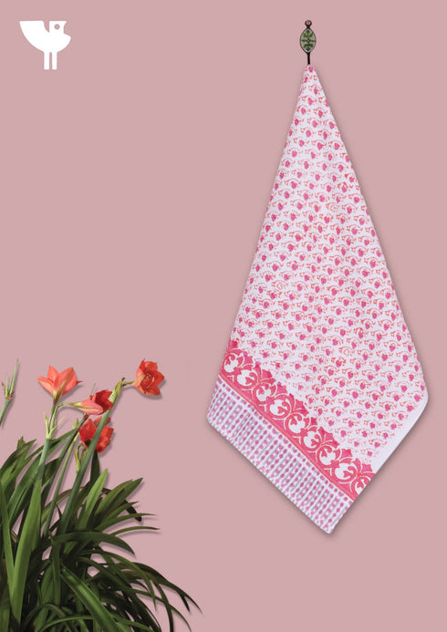 Handloom Cotton Hand Towel With Block Print Border